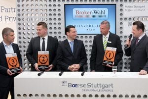 Die Sieger der Kategorie Fonds & ETF Broker des Jahres 2012: Matthias Bayer (ING DiBa), Daniel Schneider (comdirect) und Arne Kolb (DAB Bank)